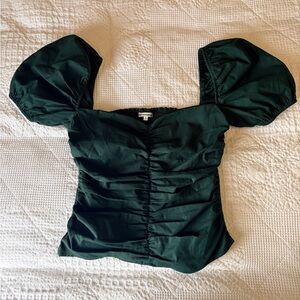 Reformation emerald green ruched Puff Sleeve Top